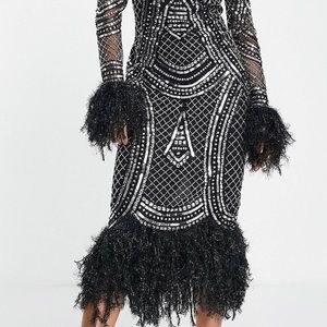 Midi Sequined Feather Detail Statement Dress